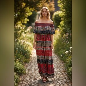 Patrons of Peace Boho Patchwork Off Shoulder Maxi Dress Size M